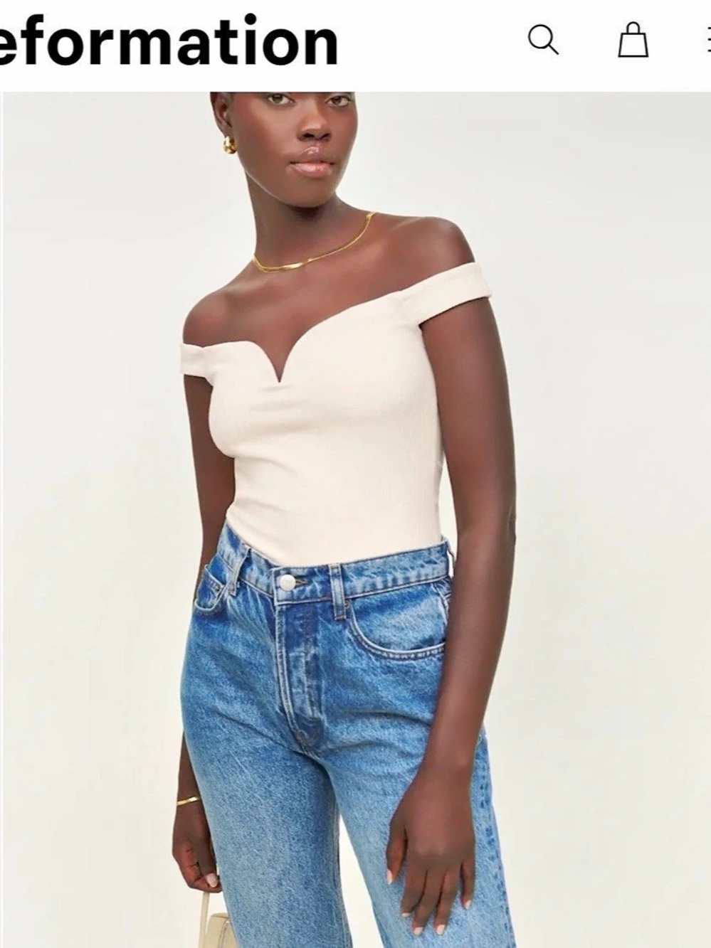 Reformation Andria Knit Top Off-Shoulder Ribbed Top in Cream Like New